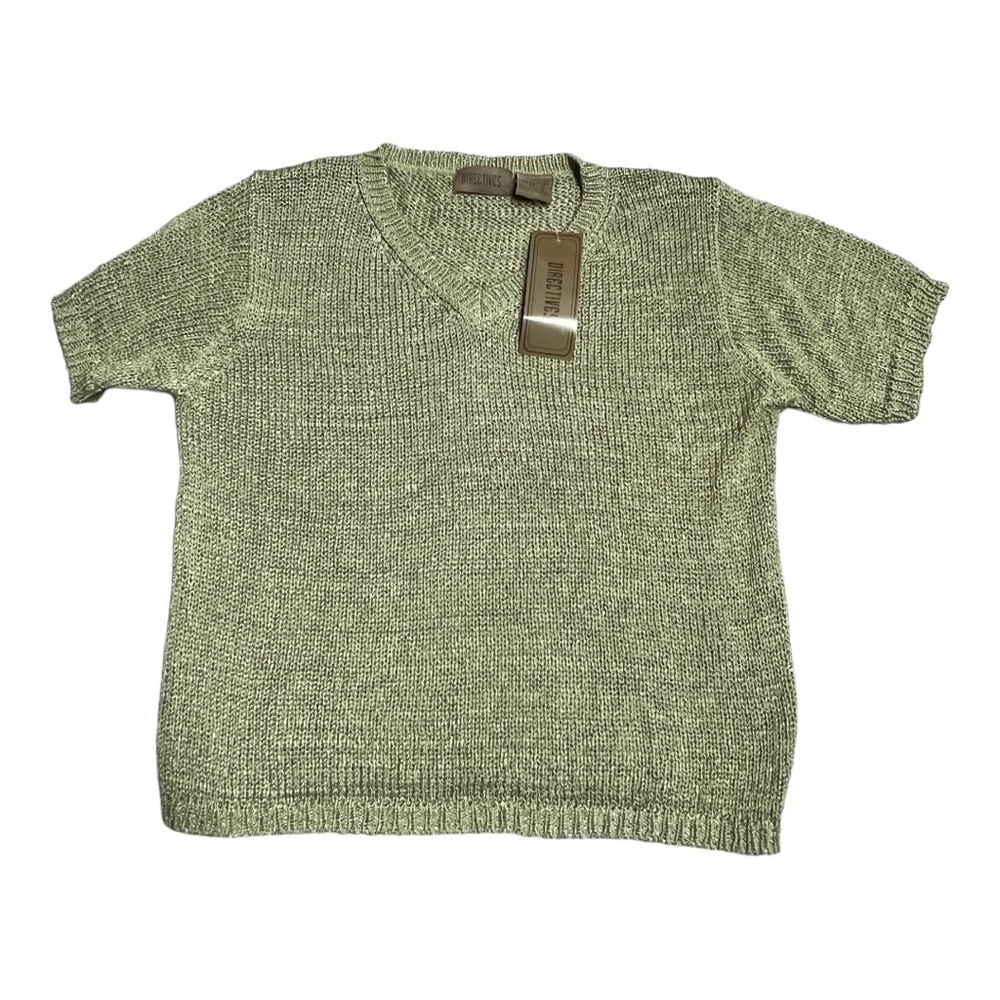 Directives Short Sleeve Ribbon Crochet V-Neck Sweater Size L